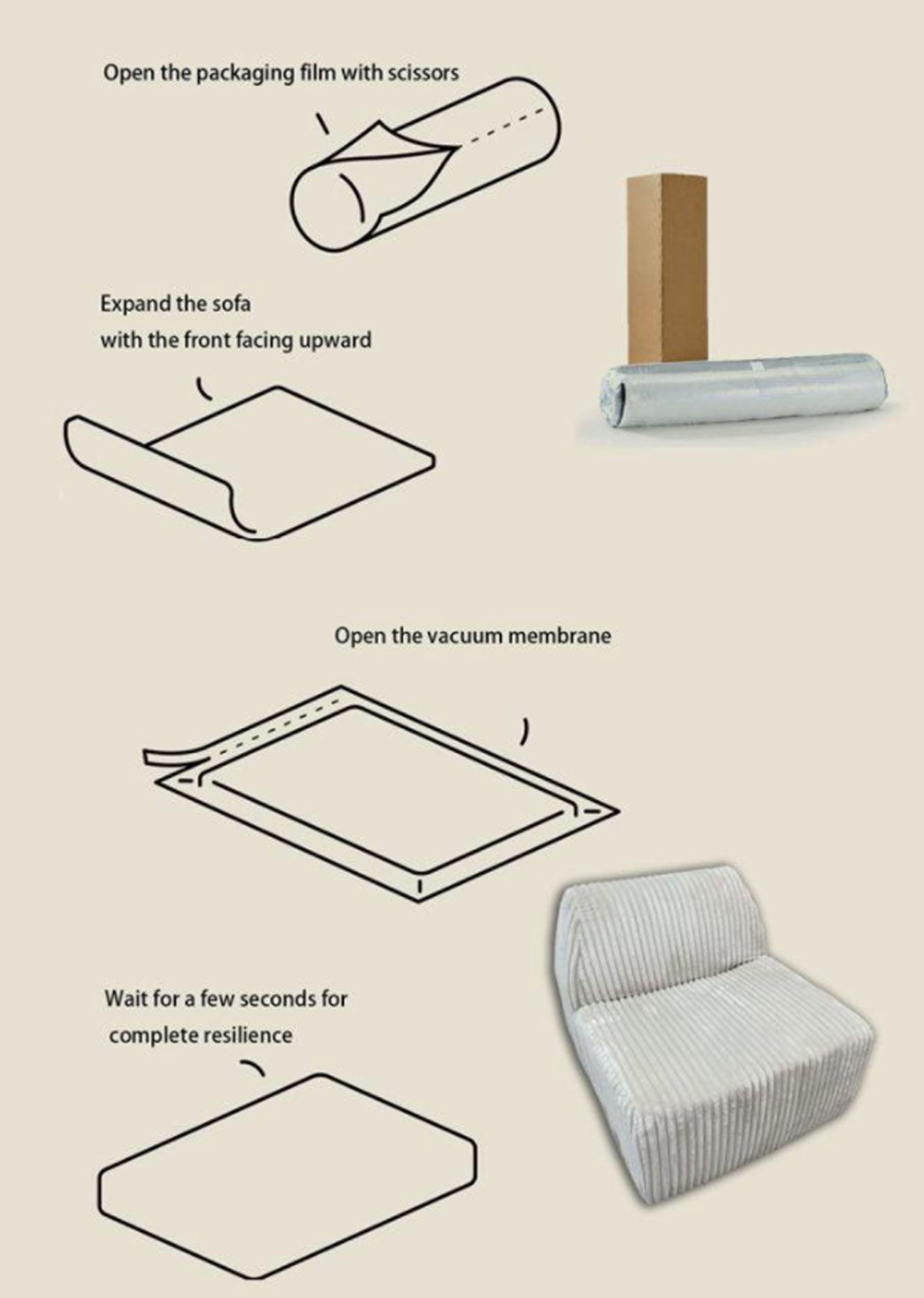 Diagram showing compression and box packaging of a beanbag lounge chair
