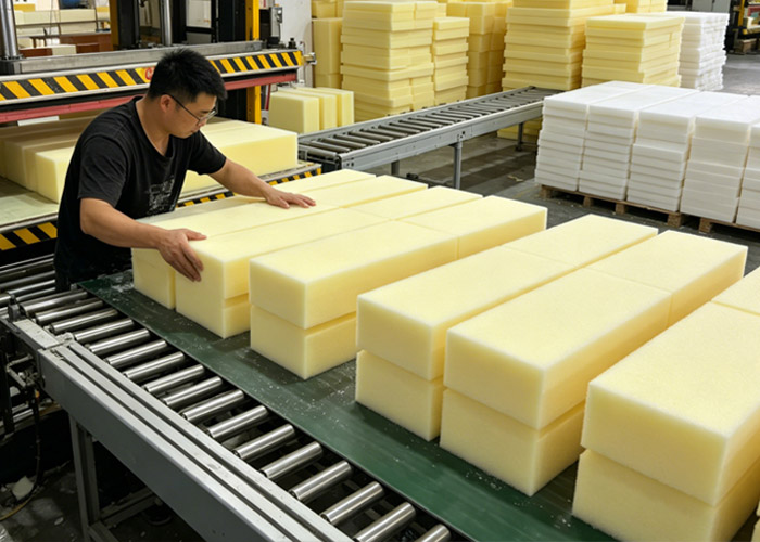 Worker positioning yellow foam cushions on a cutting table