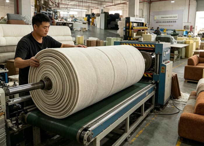 Worker guiding a rolled foam cushion through packaging equipment