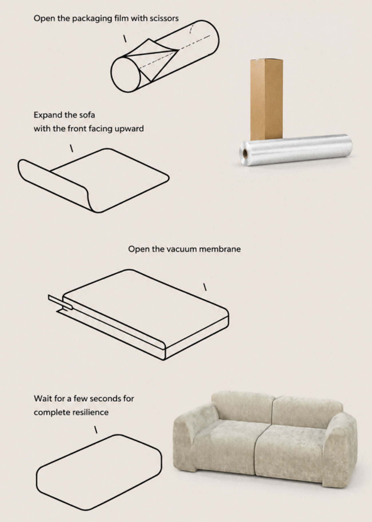 Diagram showing compression and box packaging of a two-seat sofa