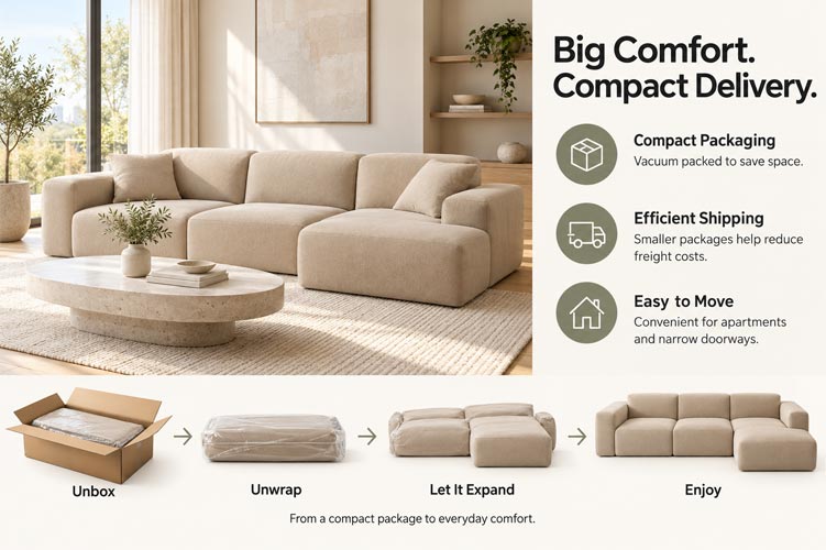 Compressed sofa packaging and delivery infographic with a cream sofa