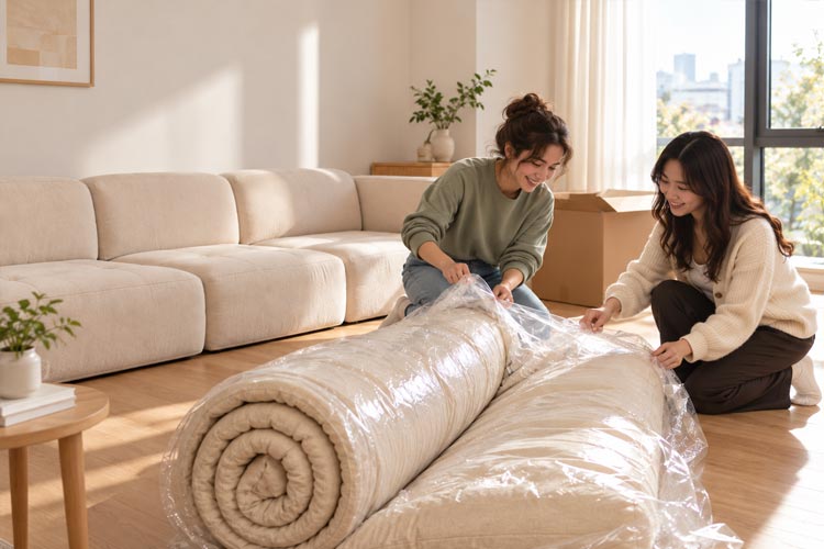 Two people unwrapping a vacuum-packed sofa roll in a living room