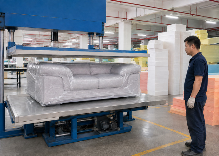 Worker standing beside a sofa inside a vacuum compression machine