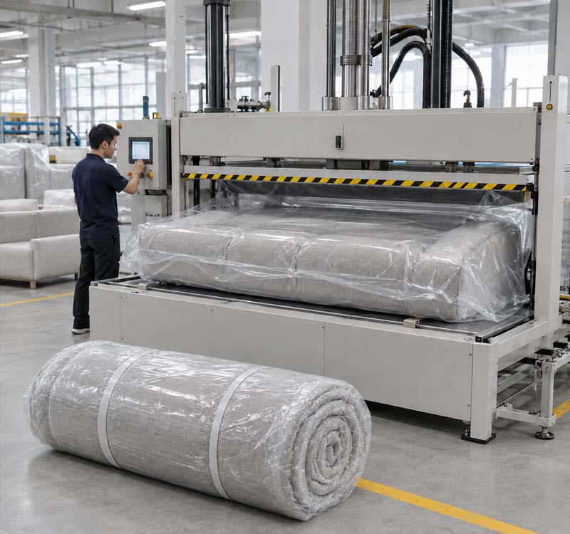 Worker beside a sofa compression machine and rolled packaging