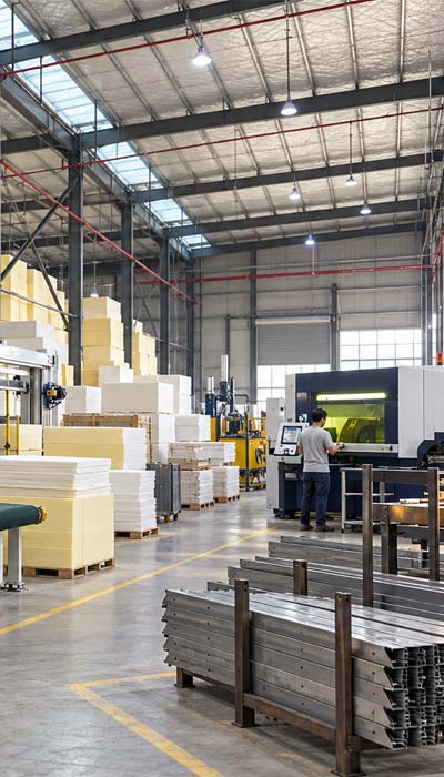 Foam cutting equipment inside a high-ceiling furniture workshop