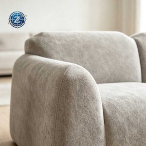Light gray two-seat sofa with rounded padded arms in a living room