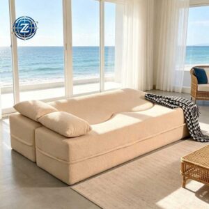 Cream floor lounge sofa with a thick padded seat - Y-609