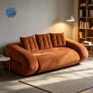 Rust-orange sofa with rounded armrests and matching cushions - Y-610